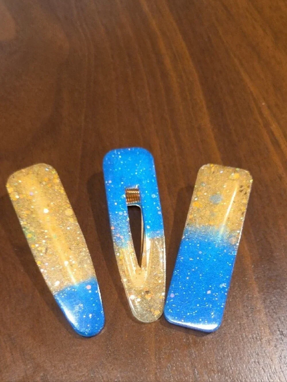 Hand Crafted Blue and Gold Glitter Hair Clips Set of 3